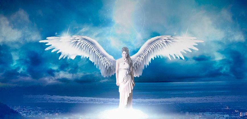 white-angel-with-wings-wide-open-illuminated-by-light-above-on-blue-background