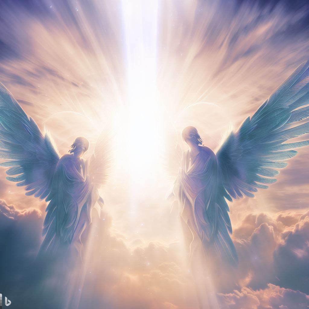 fantasy image of two angels coming from above in the sky surrounded with divine light