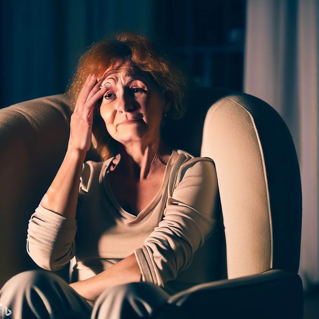 a middle-aged white woman sitting on an armchair at night, one hand on her cheeck, looking worried