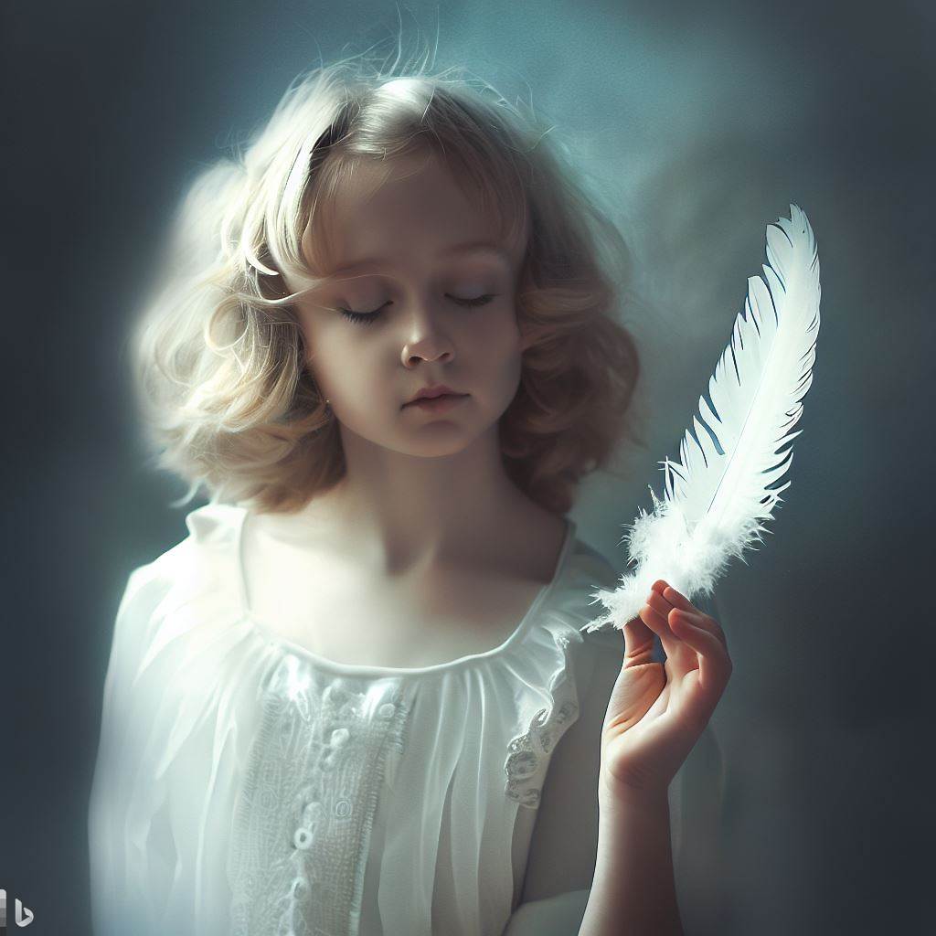 A blonde little girl with eyes shut, looking inspired, in a white dress holds a white feather in her left hand, on ethereal background of light