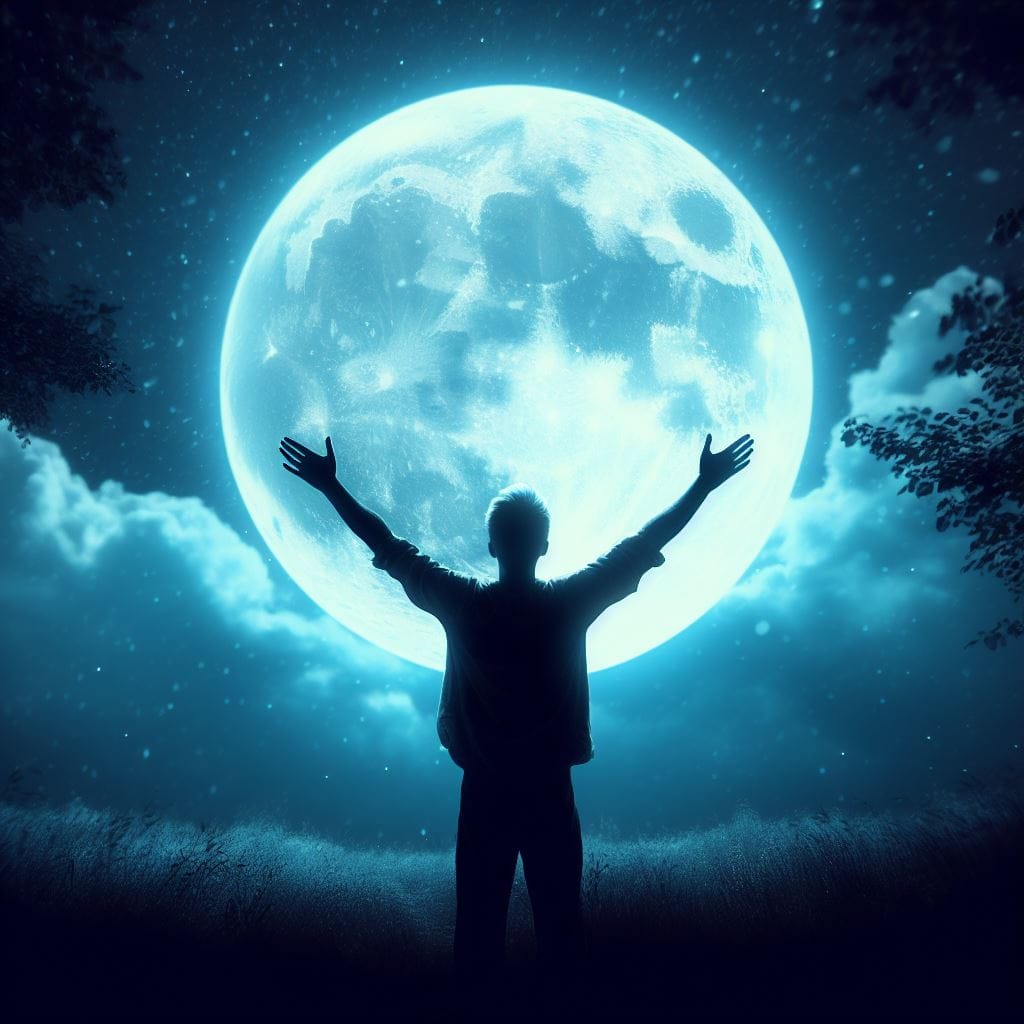 A person seen from behind raising hands toward a full moon in a bright blue sky at night