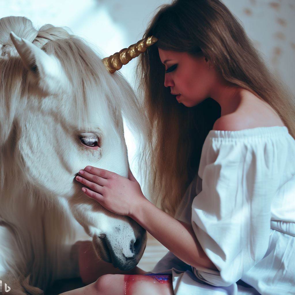 a young and wounded girl dressed in white caressing a unicorn, feelings of healing, unicorn therapy