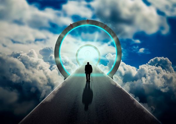Fantasy back view image of an old man with a cane walking up a walkway in the sky towards two circles of light
