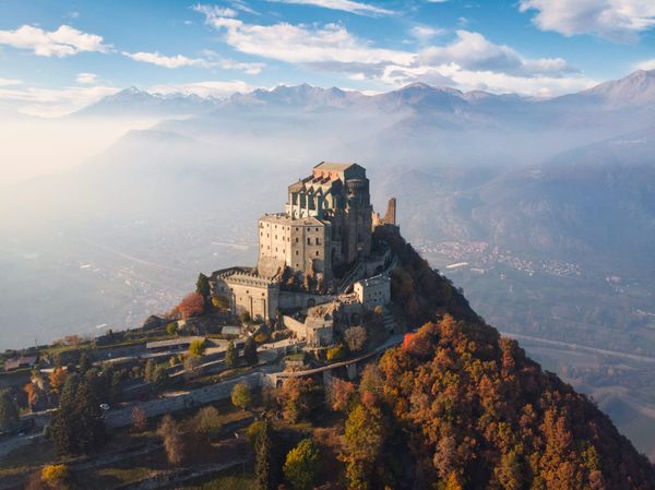Aerial view of the Saint Michael Abbey over a cliff, Piedmont, Italy